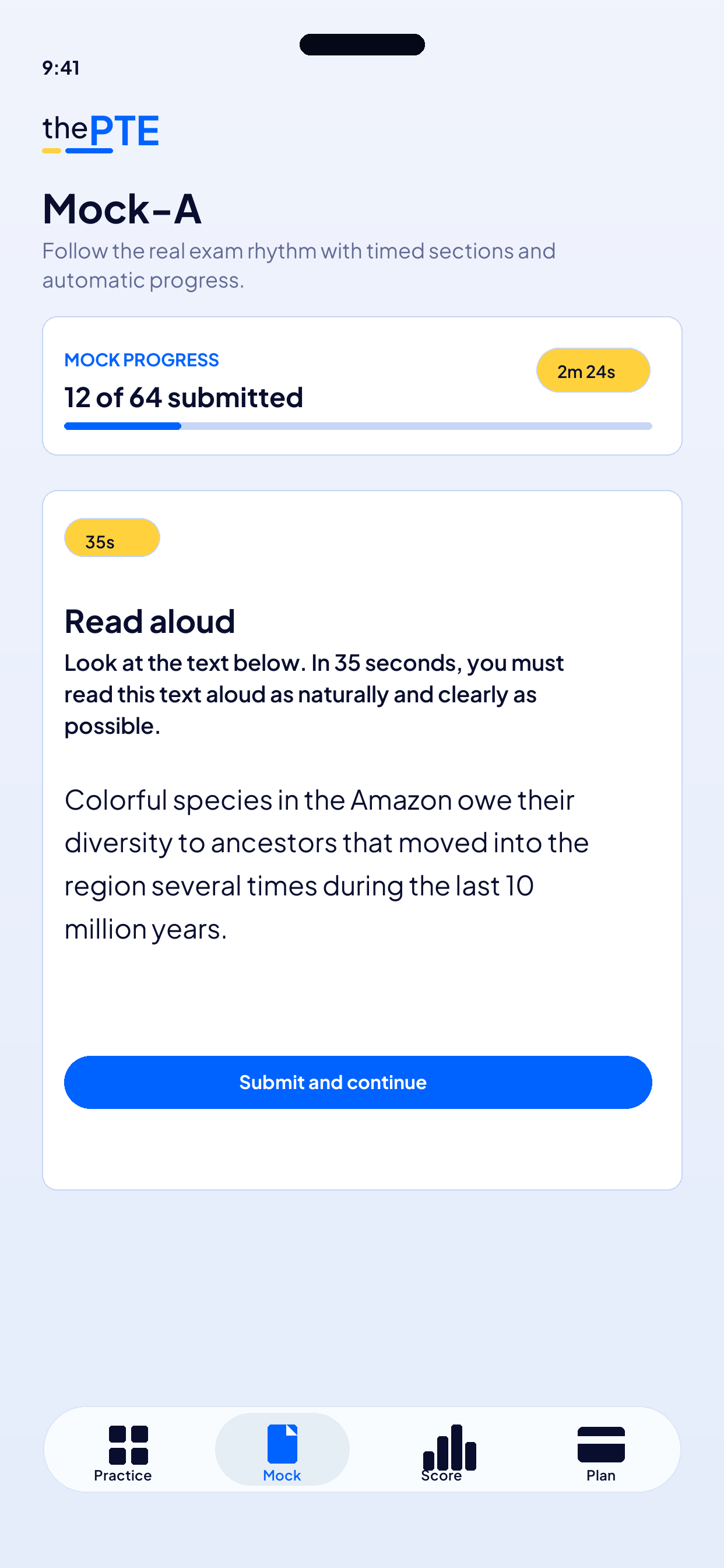 thePTE app mock test screen with a timed Read Aloud task