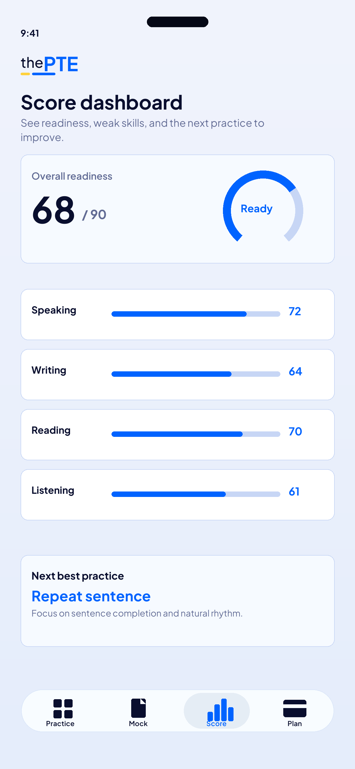 thePTE app score dashboard showing readiness score and per-skill breakdown