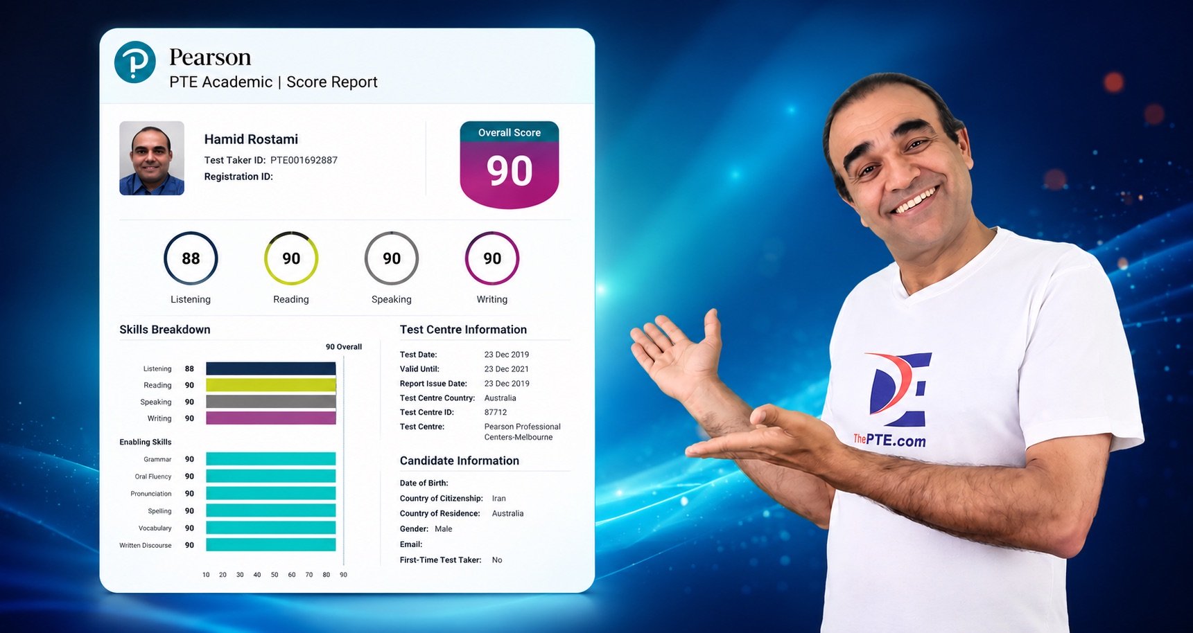 thePTE trainer presenting a real PTE Academic score report with an overall score of 90