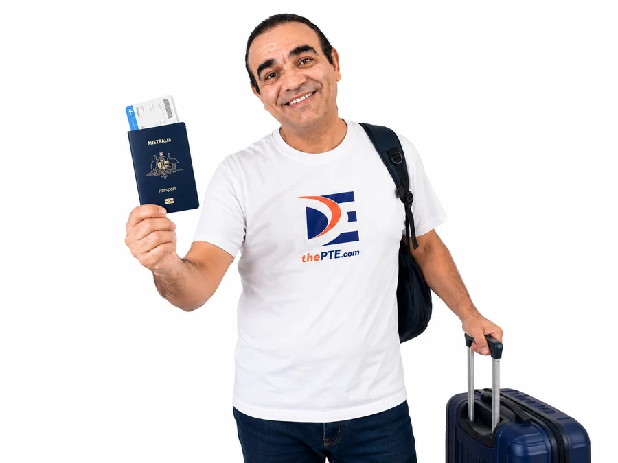 thePTE trainer ready to travel with passport and boarding pass in hand